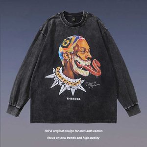 TKPA Rodman printed long sleeved vintage base tee American street hip-hop distressed washed versatile T-shirt