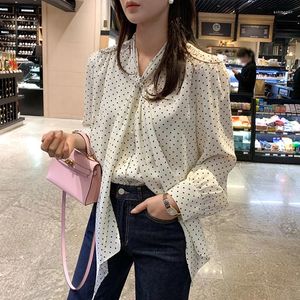 Women's Blouses Clothland Women Sweet Dot Print Blouse V Neck Scarf Tie Long Sleeve Shirt White Black Female Office Tops Blusa Mujer LB055