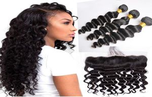 Brazilian Loose Deep Wave Human Hair Weaves with 13x4 Lace Frontal Full Head Black Color Can be Dyed PrePlucked Closures6640493