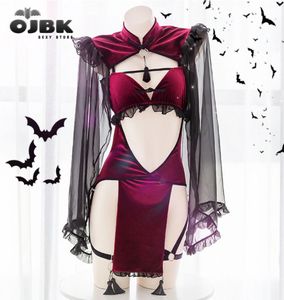 ojbkハロウィーンパンクゴシックブラックレッドレース女性メイド誘惑のセクシーなランジェリー邪悪な悪魔コスプレバックレスドレスコスチュームQ12056538721