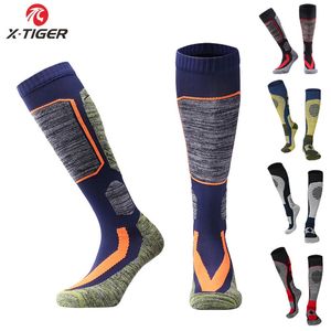 Xtiger Ski Socks冬の温かいサーマルサイクリングスキーサッカーロングレッグウォーマーソックマンアウトドアスポーツスノーボードスリップ240102