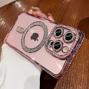 Luxury Pink Diamond Sparkling Transparent Galvanized Shell Lämplig för iPhone 15 11 13 14 Pro Max Plus Magnetic Wireless Charging Cover 240102