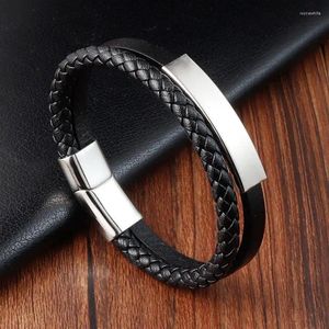 Charm Armbänder Vintage Herren Schwarz Echtes Leder Armband Klassische Edelstahl Doppelschicht Geflecht Armreifen Für Männer Schmuck Geschenk