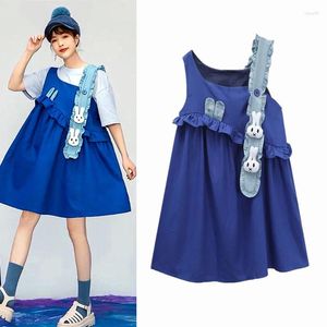 Sıradan elbiseler kadınlar elbise spagetti kayış y2k fırfırlar genç bayan mavi eklenmiş patchwork sevimli rabblt aplikler nz216