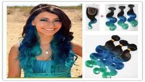 1BBlueTeal Fasci di capelli Ombre malesi con chiusura in pizzo 44 onda del corpo 3 pezzi Tessuto di capelli Ombre con chiusura Separazione 4 pezzi Lotto5474420