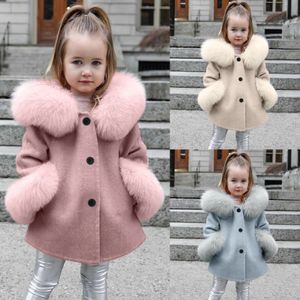 Fashion Winter Kids Girls Clothes Children Windproof Coat Kids Warm Jacket Fleece Hooded Simulation Fur Collar Outerwear Loose 231229