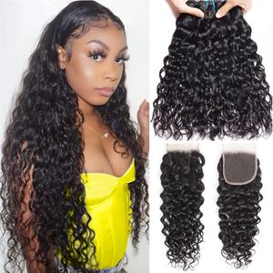 Wefts venda onda de água pacotes de cabelo molhado e ondulado 3 pacotes com fechamento de renda cabelo humano virgem cabelo ondulado extensão do cabelo humano greatremy f