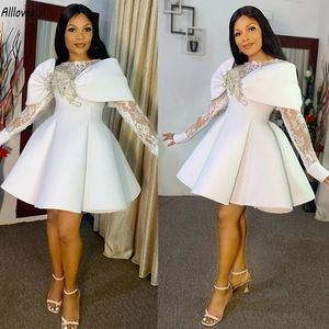 Arabic Aso Ebi Chic Lace Short Wedding Ball Gowns Long Sleeves Ruched Elegant Satin Puffy Skirt Princess Formal Party Bride Reception Dress Plus Size Vestidos CL3140