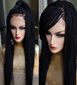 Perruque Long Flätade låda flätor Syntetiska spetsar Front Wigs Blackbrowncolor Micro Braids Perk med babyhår värmebeständig för AFR4474365