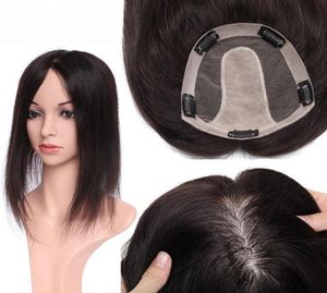 Mänskligt hårstopp för kvinnors sidenbas med 5 klipp i hår Toupee Human Hair Piece Black Color3722268