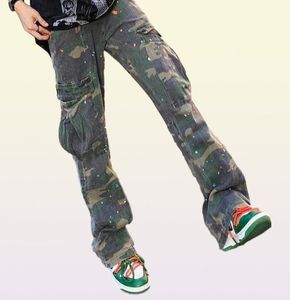 Pants Fashion Galleryes Designer Casual dept High Street Sand Washed Old Camouflage Flared the Same Denim Wide Leg Overalls Trend76618601