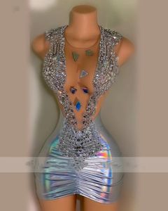 Stunning Sier Diamonds Sexy Mesh Black Girls Birthday Prom Party Gowns Crystals Rhinestones Beading Sequins Tail Dresses 322