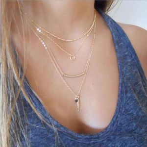 Pendant Necklaces Multi Layer Necklace Feather Tube Charm Silver Gold Color Plated With Disc Bead Metal Satellite Chain Choker