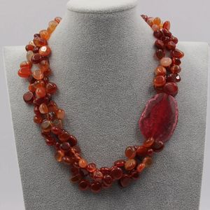 Halsband guaiguai smycken 3 strängar naturliga röda karnelliska agat nugget pärlor halsband ros agater chunky connetor handgjorda för kvinnor