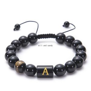 Beaded A-Z English Initial Natural Stone Bracelet Woven Adjustable Tiger Eye Black Agate Beads Bracelets Letter Bead Bangle Cuff For Dhoy8