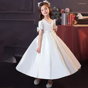 Flickaklänningar Little Girls White Ceremony Communion Dress Kids Birthday Party Ball Gown School Piano Performance Fromal Pärled