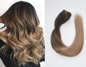 Balayage ombre hårförlängningar remy mänskligt hår av klipp i hårförlängningar färg mörkbrun till askblond silkeslen rak 120 g 7pcs8236826