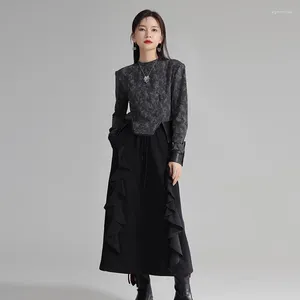 Skirts Tannt Women Skirt Edible Tree Patchwor Asymmetrical Black Irregular Fashion Casual High Waist Long 2024