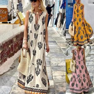 Casual Dresses Womens Summer Temperament Sleeveless Medium-long Bohemian Print Dress