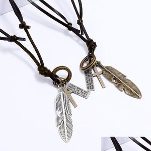 Pendant Necklaces Old Bird Feather Pendant Necklace Ancient Letter Id Cross Charm Adjustable Chain Leather Necklaces For Women Men Fas Dhhkf