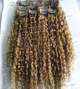 Estensioni dei capelli umani vergini brasiliani Remy Clip Ins Trama dei capelli biondo scuro Estensioni dei capelli ricci crespi umani Doppio disegnato spesso We1722705