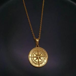 Pendant Necklaces Hip-Hop Rock Women Men Gold Compass Necklace Vintage Stainless Steel Round Coin Fashion Chain Jewelry217d