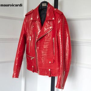 Mauroicardi Spring Red Pattern Faux Leather Biker Jacket Lång ärm blixtlås plus storlek designer män kläder 4xl 5xl 231229