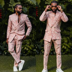 Printing Patterns Men Wedding Tuxedos Pink Double Breasted 2 Pieces Jacket Pants Party Birthday Wear