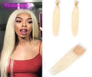 Indisches rohes reines Haar, Yirubeauty, 2 Bündel mit 4 x 4-Spitzenverschluss, 613-Blond, glatt, 3 Stück, glattes blondes Haar mit Verschluss 9929072