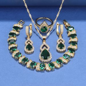 Dubai Luxurious Gold-Color Cubic Zirconia Green Jewelry Set for Women Armband Ring Halsband och örhängen Brudtillbehör 240102