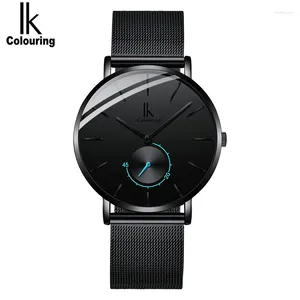 Relógios de pulso IK Coloring Ultra-fino relógio de luxo para homens quartzo pulseira de couro relogio masculino