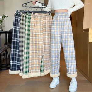 Women's Pants Fashion Warm Plush Lamb Fleece Thick Plaid Women Winter Casual Loose Wide Leg Trousers Korean Streetwear Straight Student