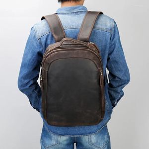 Ryggsäck Men's Crazy Horse Real Leather Cow Retro Rucksack Stor klassisk pojke skolböcker Big Male Business Laptop Bag