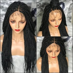 22inch Long Braided Box Braids Wig with baby hair Natural Black Synthetic Braiding Hair Lace front Wig for African Black Women3979606