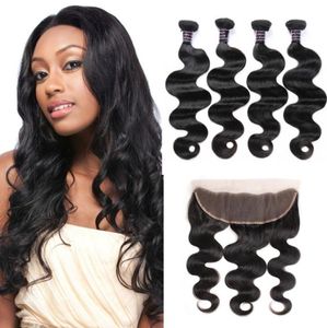 Ishow Hair Brazylijska fala ciała ludzkie włosy wiązki z zamknięciem 4PCS z 13x25 od ucha koronkowe zamykanie czołowe1459608