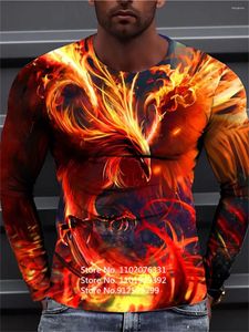 Herr t-skjortor 2024 skjorta rund hals eld phoenix 3d utskrift långärmad t-shirt mode djur fåglar trend hip-hop tee