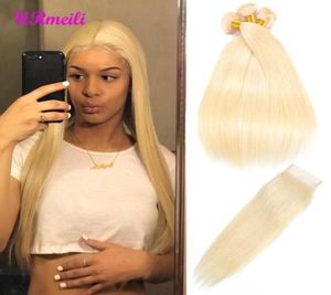 613 blondes Echthaar, glatt, brasilianisches reines Haar, Webart, Bundles mit Verschluss, Remy Hair Deals, 34 Bundles und Verschluss89663221230846