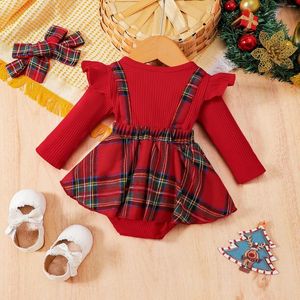 Rompers CitgeeAutumn Christmas Infant Baby Girl Bodysuit Long Sleeve Plaid Knitting Loose Buttons Short Jumpsuit HeadBand Xmas Suit