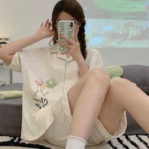 Kvinnors sömnkläder Summer Pyjama Set For Women Adult Flower Printing Cotton Cool Pyjama Pour Femme Sweet Girl Homewear Pijama