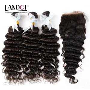 Wefts Indian Deep Wave Virgin Human Hair Weves z zamknięciem nieprzetworzone głębokie, kręcone faliste włosy 3 wiązki i koronkowe zamknięcie za darmo/środkowy par