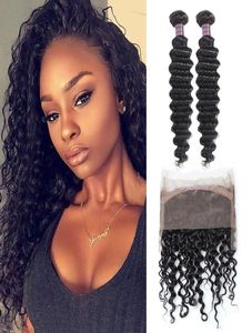 8A Brasileiro Onda Profunda 360 Lace Frontal com 2 Pacotes Brasileiro Peruano Cabelo Humano Pacotes com Fecho Profundo Encaracolado Virgem Hair3378082