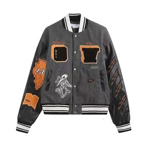 Męska kurtka designerska OW Haft FF White Men Sports Vintage Bomber Jackets Varsity Płaszcz Baseball Streetwear Patchwork Letter Rocky