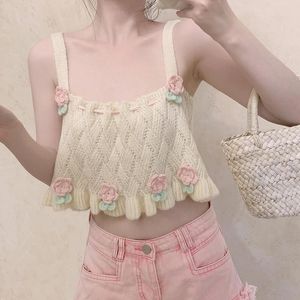 T-Shirt Cute Tops Women Summer Hook Flowers Decorated Retro Loose Knitted Crop Top for Sweet Girl Beige Camis Kawaii Clothes