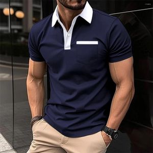 Polos masculinos verão respirável luxo de alta qualidade bolso negócios manga curta camisa polo cor sólida lapela casual camiseta