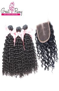 Grearemy 100 obearbetade indiska malaysiska peruanska jungfruliga hårbuntar med toppstängning 44 hårstycke Curly Wave Middle Part Hair4856670