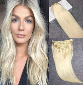 Blekblond klipp i hårförlängningar 24 tum 100g 7 st 60 platinum blond remy riktigt hår fullt huvud människohår rakt1685712