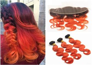 Två ton färg Human Hair Orange Ombre Spets Frontal Stängning T1B 350 Orange Body Wave Peruansk Virgin Hair 3 Bunds med frontal8979901
