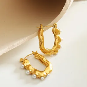 Dangle Earrings Gold Color Inlay Imitation Pearl U-shaped Vintage Geometric Style Temperament Personalized Niche Fashionable