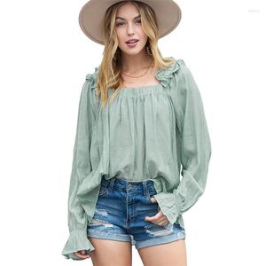 Women's T Shirts Women T-shirt Autumn Fashionable Solid Ruffled Long Sleeve Loose Square Neck Office Wear Lady Shirt Casual Female Top