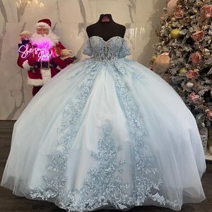 Sky Blue Quinceanera Dresses Corset Ball Gown Pärled Applique Lace Formal Prom Birthday Gowns Princess Sweet 15 16 Dress Vestidos
